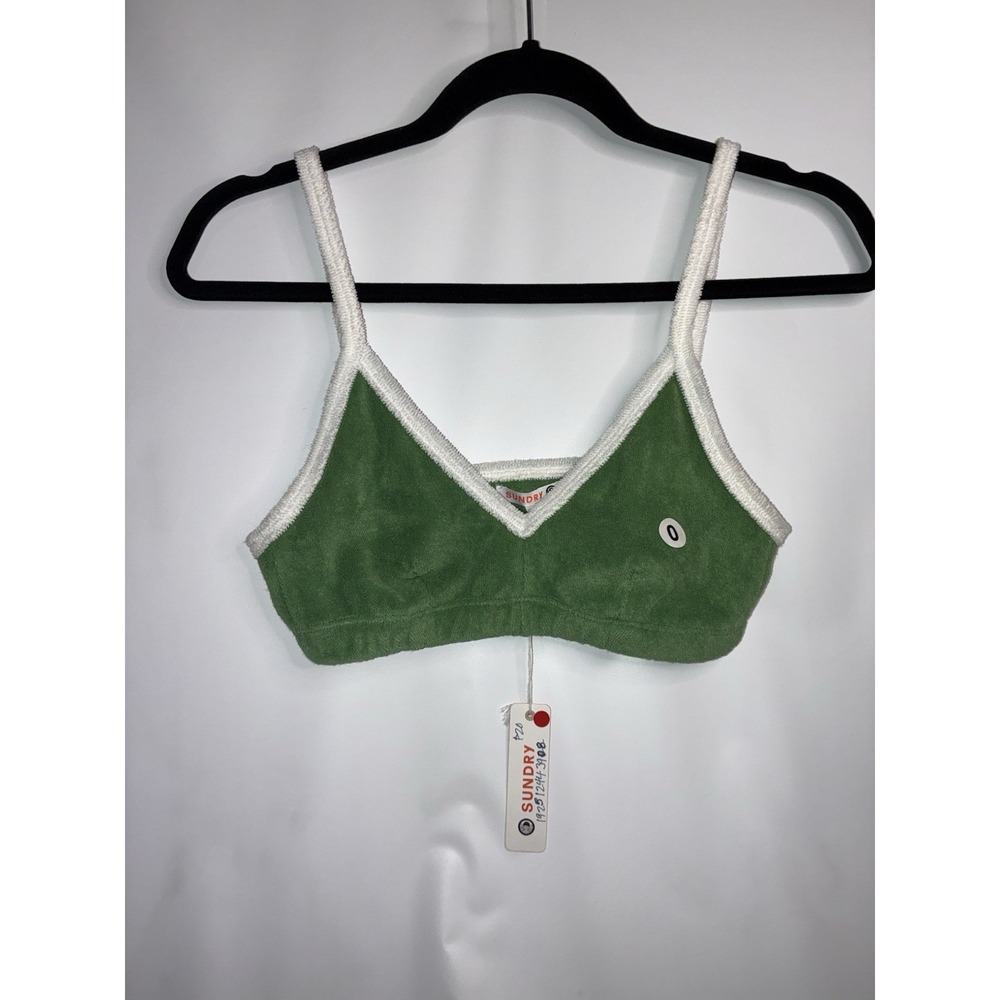 Sundry Bikini Top Only Sz 0 Small Green Terry Cloth Green White 100% Cotton New